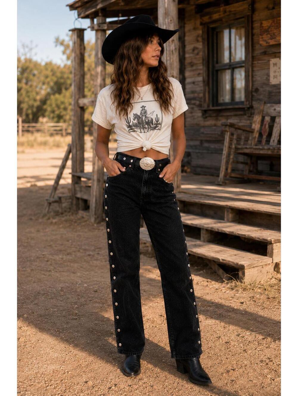 Lawman Western Jeans Black Studded Side Detail High Rise Vintage Y2K Size 7